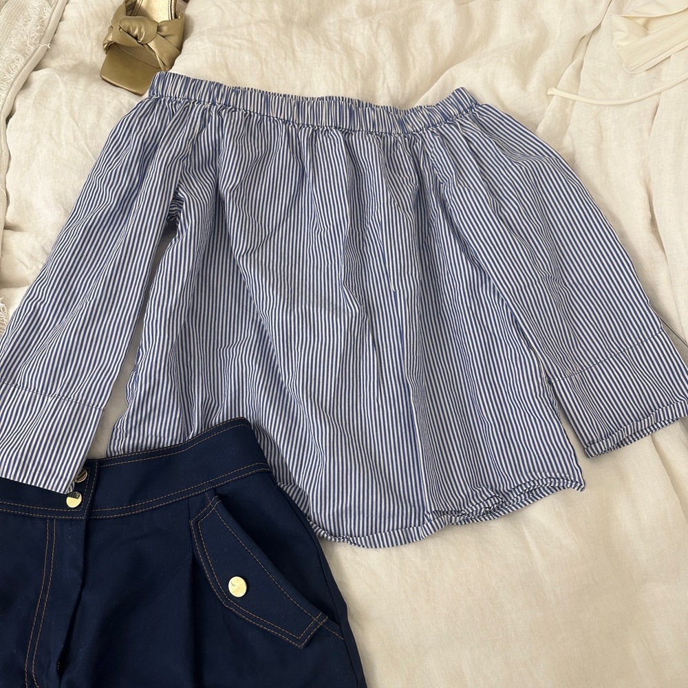 Zara blue and white seersucker off the shoulder top